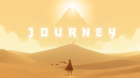 Two robed travelers in the game Journey